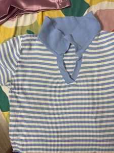 Blue Striped Ribbed Polo Top