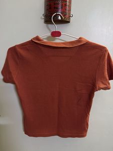 Orange Ribbed Polo Top