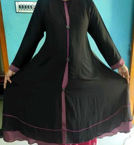 Elegant Black Abaya with Purple Trim