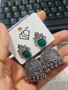 Green Stone Jhumka Earrings