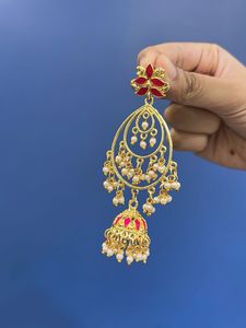 Red &amp; Gold Jhumka Earrings