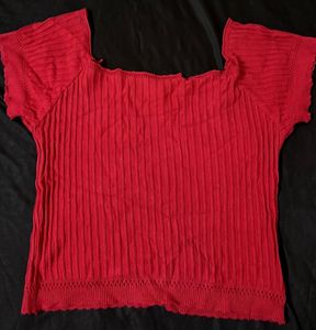 Red Ribbed Button-Up Top