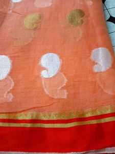 Elegant Peach &amp; Red Saree with Gold Border