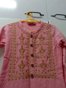 Pink Embroidered Cotton Kurti