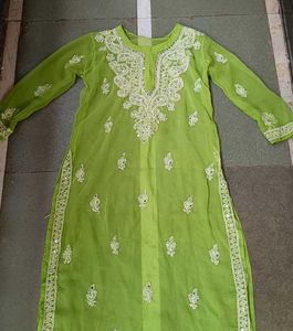 Green Chikenkari Kurti With Two Inners