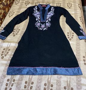 Jet Black Wollen Kurta With Embroidery