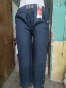 Dark Blue Cropped Pants with Button Detail