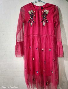 Pink Embroidered Mesh Dress
