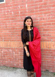 Bunai Branded Black Kurta Set With Red Dupatta