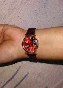 Elegant Red Dial Women's Watch With Adjustable Mag
