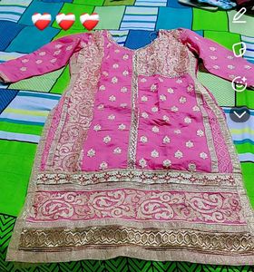 Pink Golden A line Side Cut Party Wear Kurta