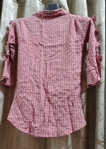 Pink Plaid Button-Up Blouse with Sleeve Detail