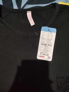 Black Ribbed Tee with Pocket Detail