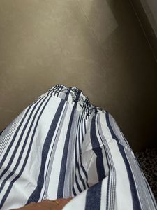 Blue Stripe Ruched Maxi With  Lace Cutwork Details