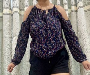 Floral Cold-Shoulder Top with Tie-Neck Detail