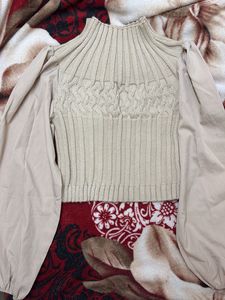 Beige Knit &amp; Puff Sleeve Top