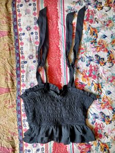 Black smocked fitted crop top