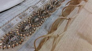 Golden Designer Suit Material With Heavy Work.