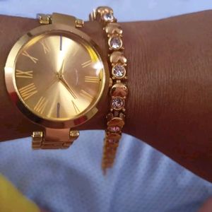 Watch And Bracelet Combo- Golden