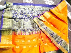 Orange 🧡 Blue Silk Saree