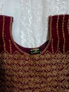 Premium Maroon Golden Embroidered Gown
