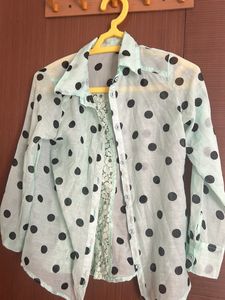 Sea Green Polka Dots Collared Shirt With Net Desig