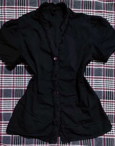 Midnight Ruffle Charm – Black Fitted Shirt
