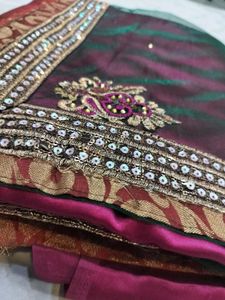 Maroon &amp; Green Embroidered saree