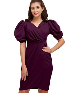 Purple Wrap Dress with Puff Sleeves
