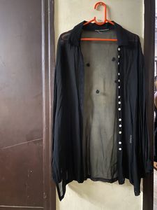 Black Sheer Button-Up Top With Sequins Size M-L