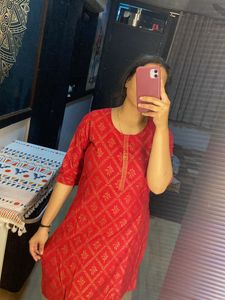 A1 Condition Red Cotton Kurta With Golden Print