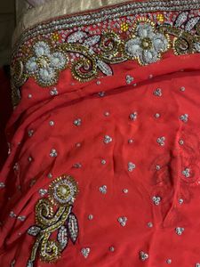 Elegant Orange Embellished Saree With Blouse