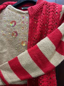 Red &amp; Beige Knitted Cardigan Set