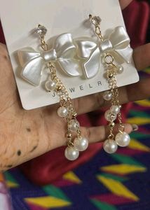 Trendy Korean BowKnot Pearl Tassel Earrings