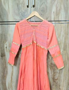 Coral Colour Cotton Long Designer Kurti Size-34