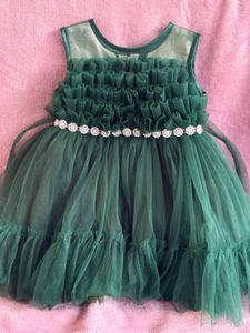 Bottle Green Glittery Net Birthday Frock
