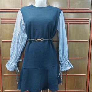 Blue Mini Dress with Striped Sleeves