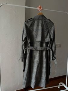 Plaid Grey Check Double Breasted Trench Coat