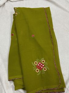 Olive Green Embroidered Saree