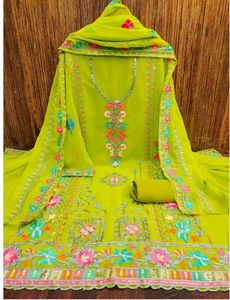 Parrot Green Floral Sequence Dress Material
