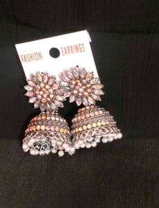 White kundan work Oxidised jhumka