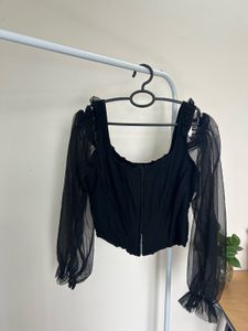 Black Corset Top with Mesh Sleeves