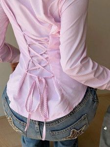 pink Striped Lace-Up corset shirt Top