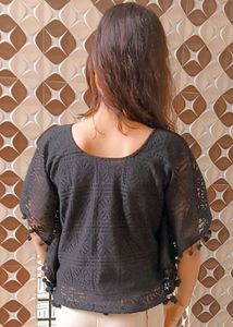 Black Crochet Pom-Pom Top