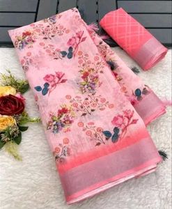 Linen Cotton Pink Saree With Running Blouse