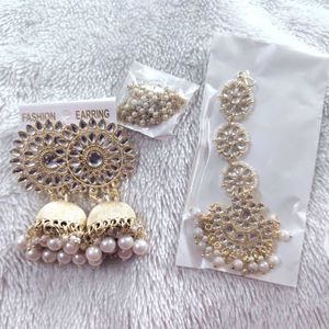 Gold Plated Earrings And Maang Tikka Set