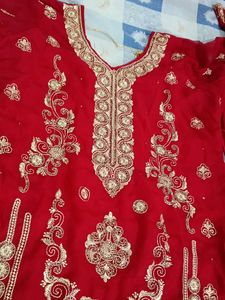 Red &amp; Gold Embroidered Stones  Kurta Set