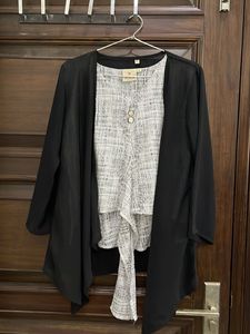 Black Cardigan &amp; Patterned Top Set