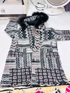 Patterned Coat with Faux Fur Hood