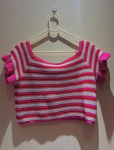 Crochet Knit Pink White Top